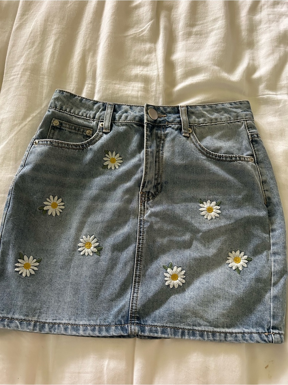 Denim Daisy Embroidered Mini Skirt - Light Blue